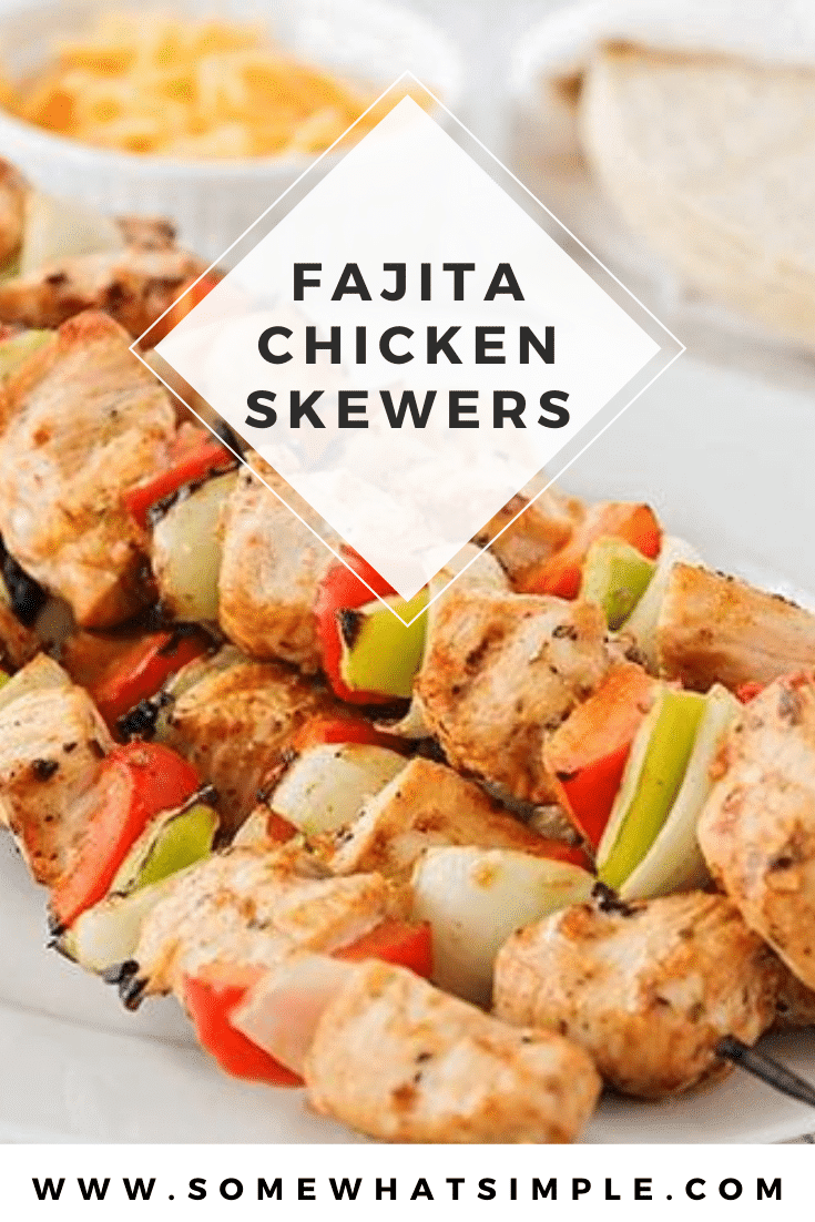 These flavorful grilled chicken fajita skewers are the perfect summer meal! Get all of the flavor of chicken fajitas without heating up the house! These fajita skewers are perfect to enjoy at any summer bbq. #grilledchickenskewer #fajitasskewers #fajitaskewersrecipe #italiandressingchickenkabobs #easybbqrecipe via @somewhatsimple