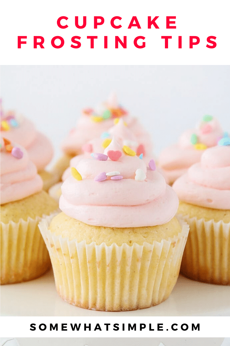 Today we're sharing how to frost cupcakes easily and beautifully every time!  These frosting tips will make your cupcakes look like you just brought them them home from the bakery. #cupcakefrostingtips #homemadecupcakes #bakingtips #howtofrostcucpakes #cupcakedecoratingideas via @somewhatsimple