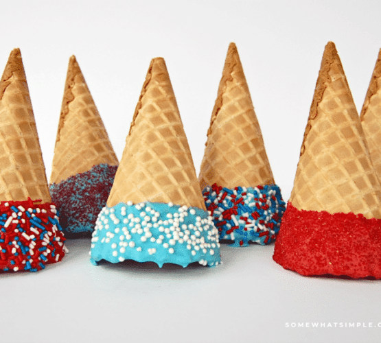 dipped holiday cones, lined up on a white counter