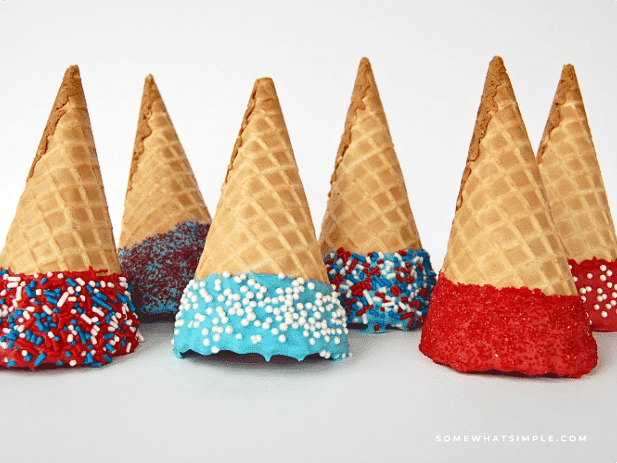 dipped holiday cones, lined up on a white counter
