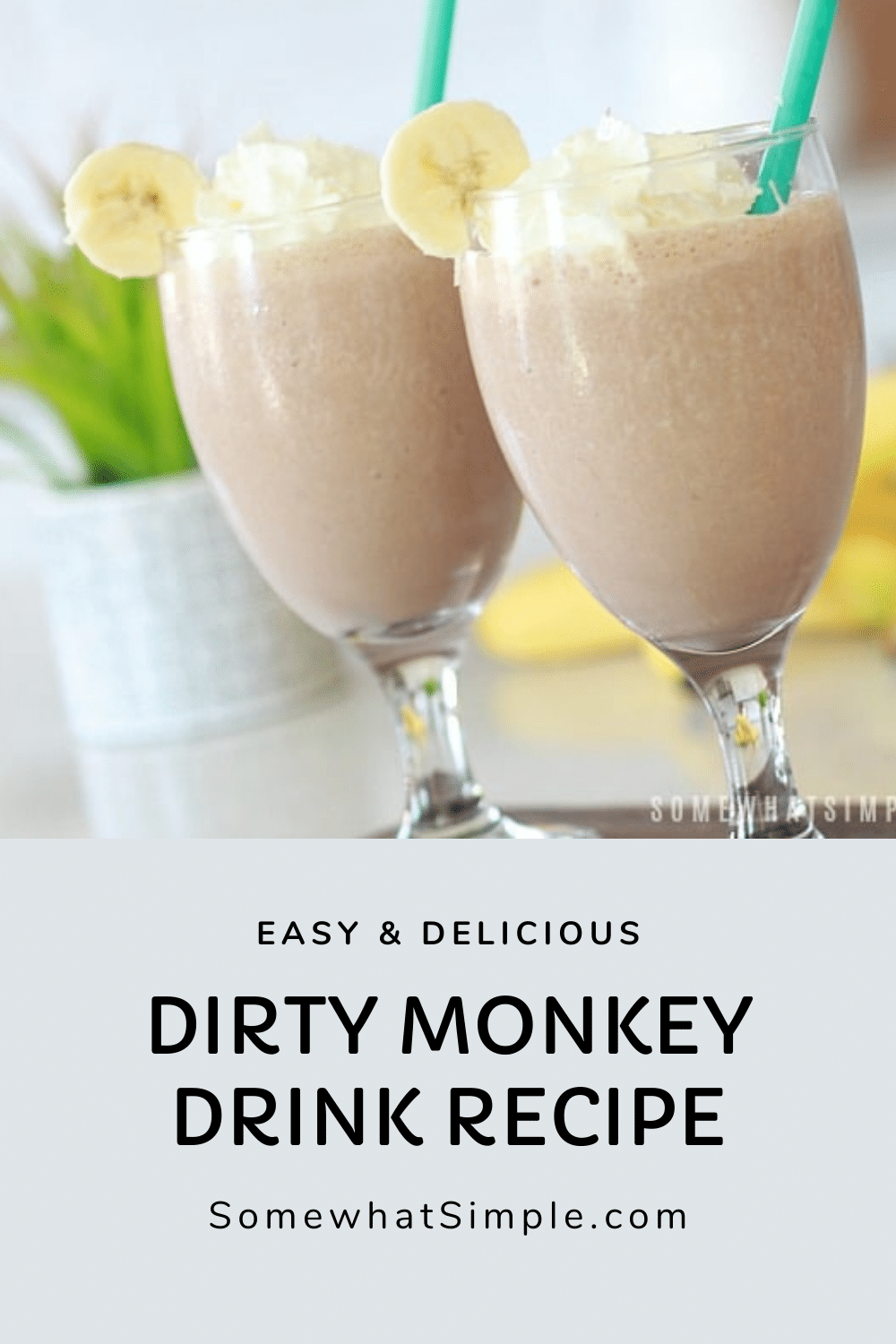This non-alcoholic dirty monkey drink recipe is a delicious and easy frozen mocktail recipe.  Made with bananas, cream and chocolate, this frozen drink recipe is a refreshing option for a sunny day. Some people call them dirty bananas or dirty monkeys but no matter what you call them, they're delicious! via @somewhatsimple