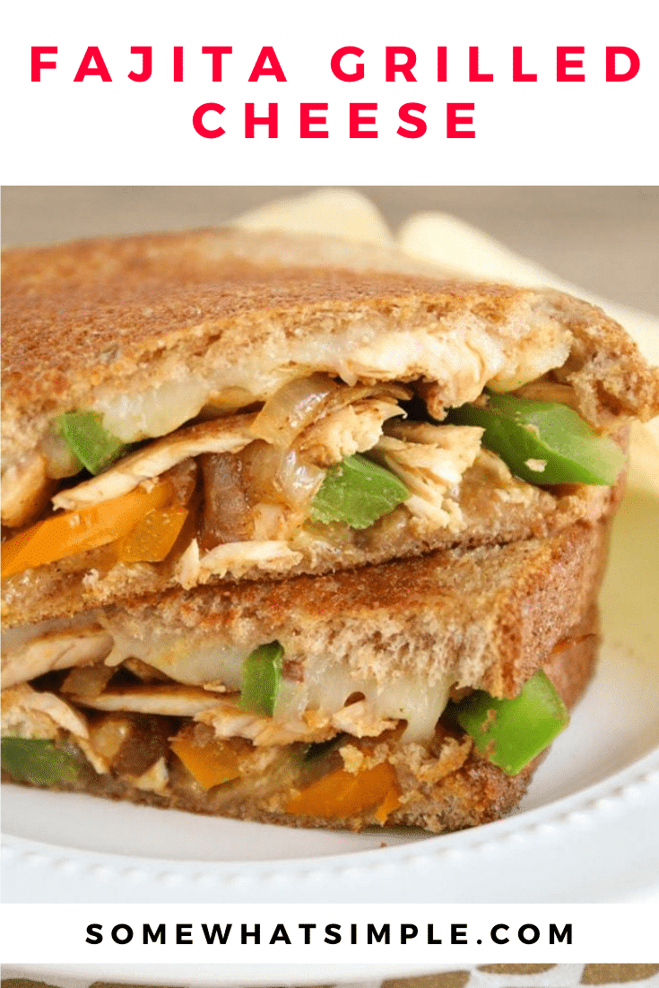 These chicken fajita grilled cheese sandwiches are super easy to make. Made with chicken, fresh vegetables and cheese, these sandwiches are packed with flavor! #grilledcheesesandwich #fajitagrilledcheese #chickenfajitagrilledcheese #chickenfajitasandwich #mexicanrecipe via @somewhatsimple