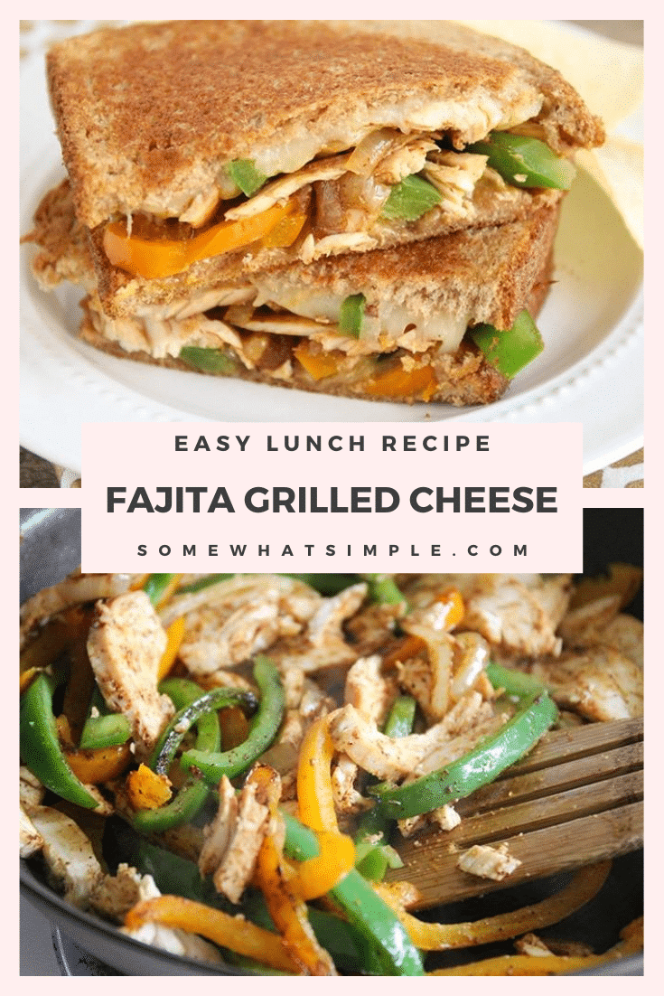 These chicken fajita grilled cheese sandwiches are super easy to make. Made with chicken, fresh vegetables and cheese, these sandwiches are packed with flavor! #grilledcheesesandwich #fajitagrilledcheese #chickenfajitagrilledcheese #chickenfajitasandwich #mexicanrecipe via @somewhatsimple