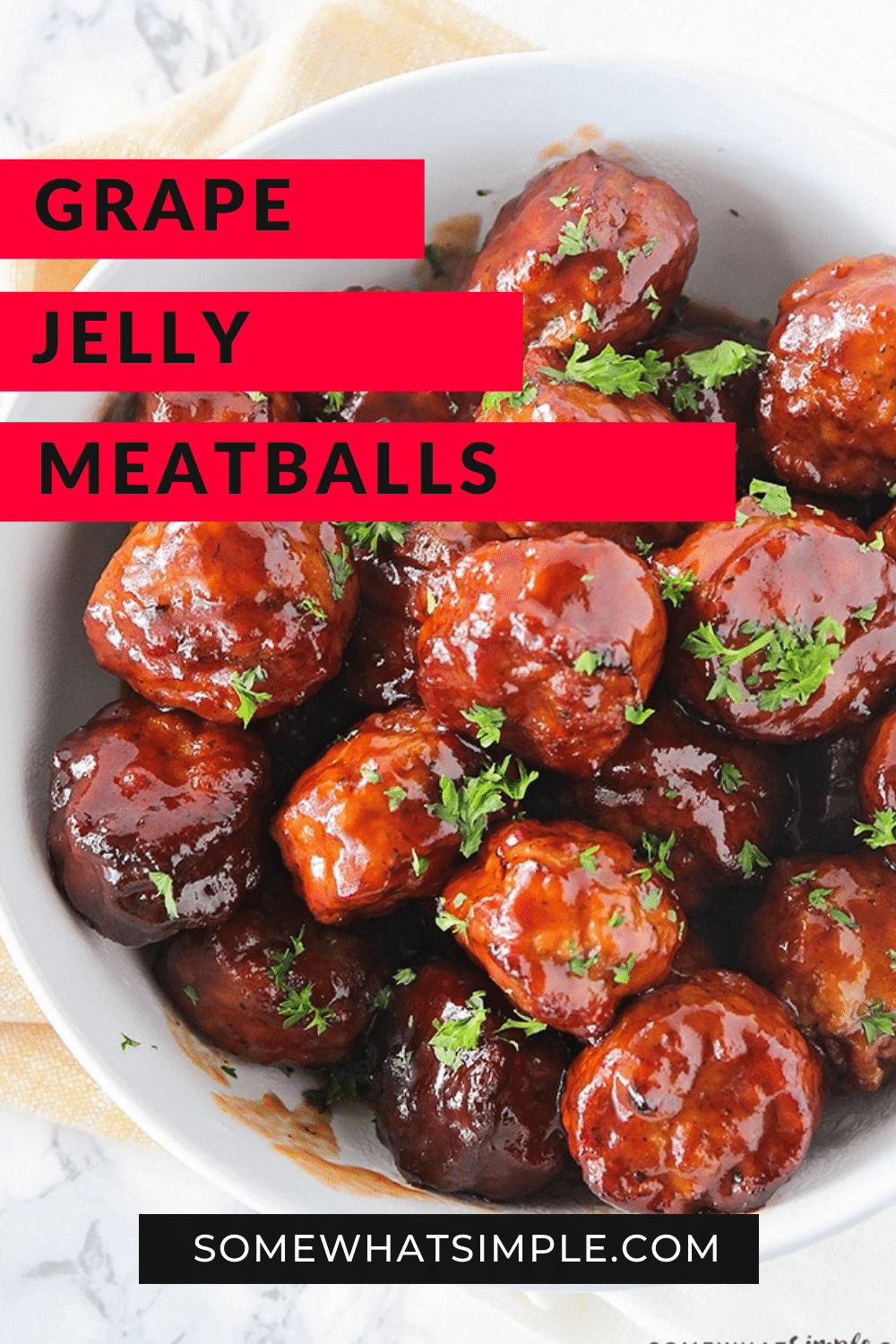 Ready for a simple dinner idea that your family will love? These grape jelly meatballs that you make in a crock pot are just for you! These meatballs are perfect for a simple meal or can be served as a delicious appetizer at your next party. Just throw everything in the slow cooker and get ready to be amazed! via @somewhatsimple