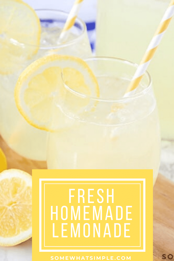 This homemade lemonade recipe delicious, refreshing and super easy to make.  Made with fresh lemons and two other simple ingredients, it's the perfect drink to enjoy this summer! #lemonade #lemonaderecipe #homemadelemonade #easylemonaderecipe #besthomemadelemonade via @somewhatsimple