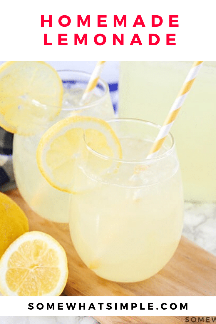 This homemade lemonade recipe delicious, refreshing and super easy to make.  Made with fresh lemons and two other simple ingredients, it's the perfect drink to enjoy this summer! #lemonade #lemonaderecipe #homemadelemonade #easylemonaderecipe #besthomemadelemonade via @somewhatsimple