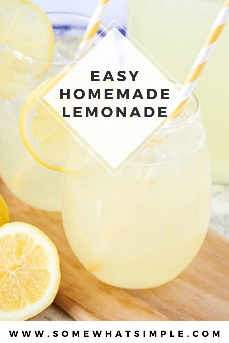 This homemade lemonade recipe delicious, refreshing and super easy to make.  Made with fresh lemons and two other simple ingredients, it's the perfect drink to enjoy this summer! #lemonade #lemonaderecipe #homemadelemonade #easylemonaderecipe #besthomemadelemonade via @somewhatsimple