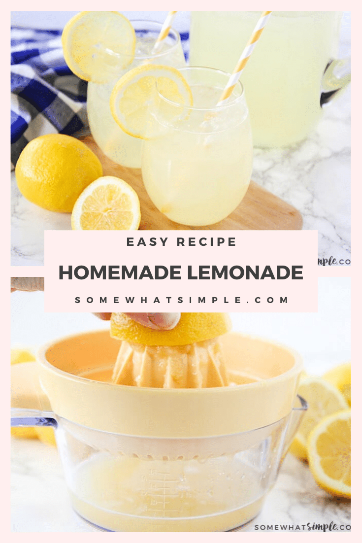 This homemade lemonade recipe delicious, refreshing and super easy to make.  Made with fresh lemons and two other simple ingredients, it's the perfect drink to enjoy this summer! #lemonade #lemonaderecipe #homemadelemonade #easylemonaderecipe #besthomemadelemonade via @somewhatsimple