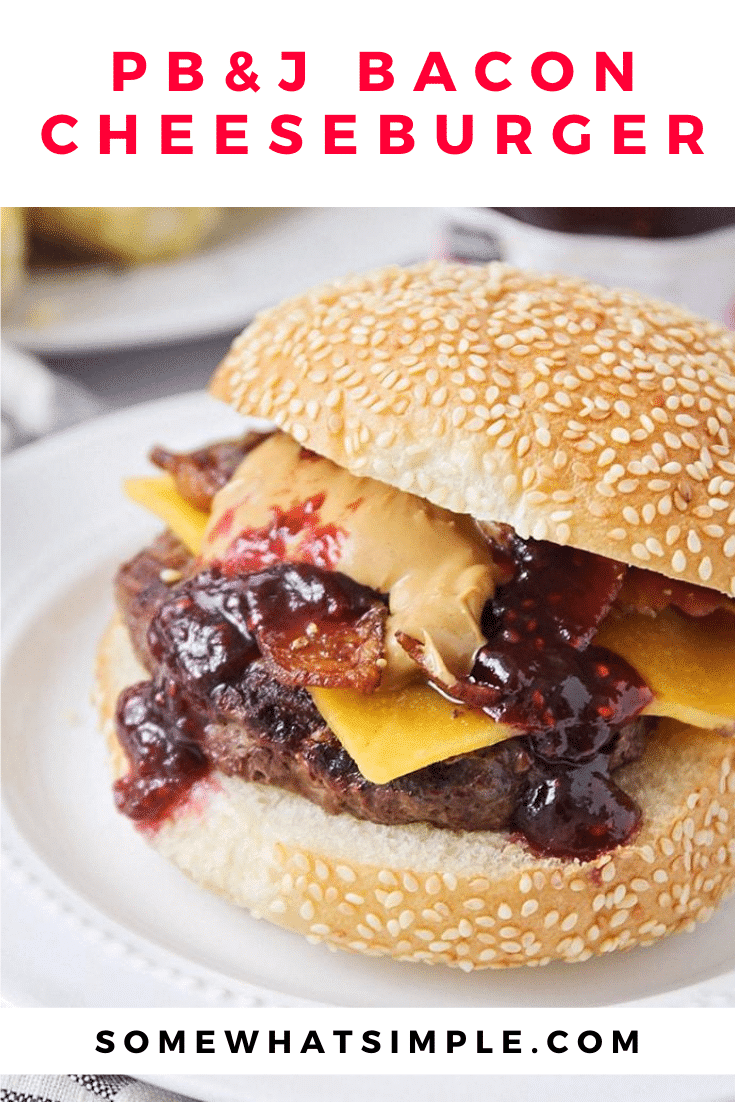 These peanut butter and jelly bacon cheeseburgers are over-the-top delicious and so easy to make! Take your outdoor grilling game up a notch wit this fun twist on a basic burger! I promise, once you've tried one of these hamburgers, you'll never go back to eating them the same way again. via @somewhatsimple