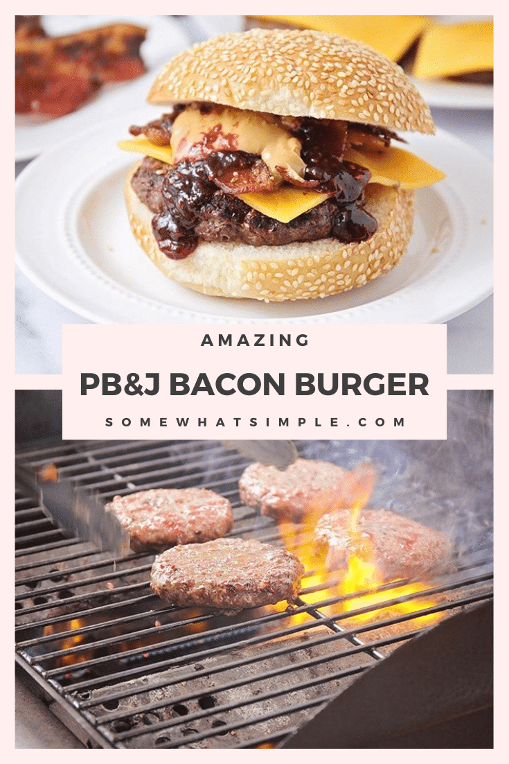 These peanut butter and jelly bacon cheeseburgers are over-the-top delicious and so easy to make! Take your outdoor grilling game up a notch wit this fun twist on a basic burger! I promise, once you've tried one of these hamburgers, you'll never go back to eating them the same way again. via @somewhatsimple