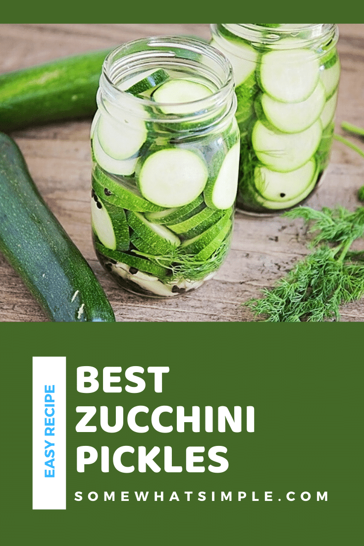 These garlic and dill zucchini pickles are so easy to make and so flavorful. They are a healthy and delicious way to use up all of your summer zucchini bounty! #zucchinipickles #garlicdillzucchinipickles #howtopicklezucchini #healthysnack #zucchinipicklesrecipe via @somewhatsimple