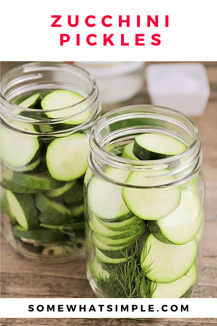 These garlic and dill zucchini pickles are so easy to make and so flavorful. They are a healthy and delicious way to use up all of your summer zucchini bounty! #zucchinipickles #garlicdillzucchinipickles #howtopicklezucchini #healthysnack #zucchinipicklesrecipe via @somewhatsimple