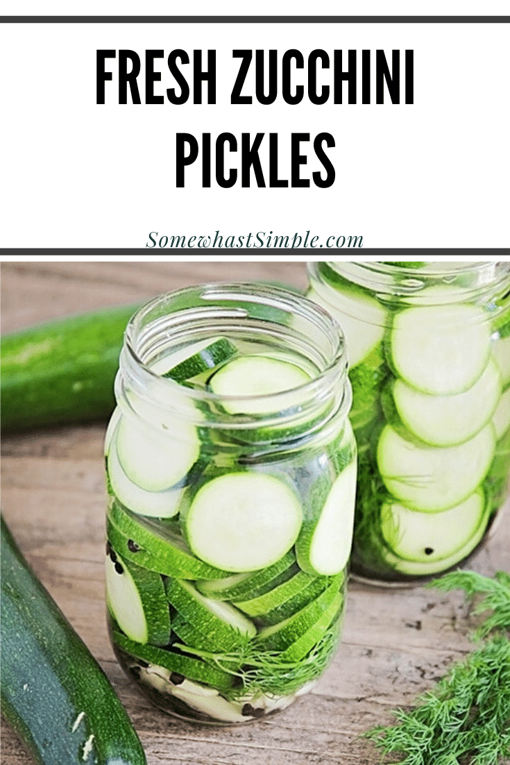 These garlic and dill zucchini pickles are so easy to make and so flavorful. They are a healthy and delicious way to use up all of your summer zucchini bounty! #zucchinipickles #garlicdillzucchinipickles #howtopicklezucchini #healthysnack #zucchinipicklesrecipe via @somewhatsimple