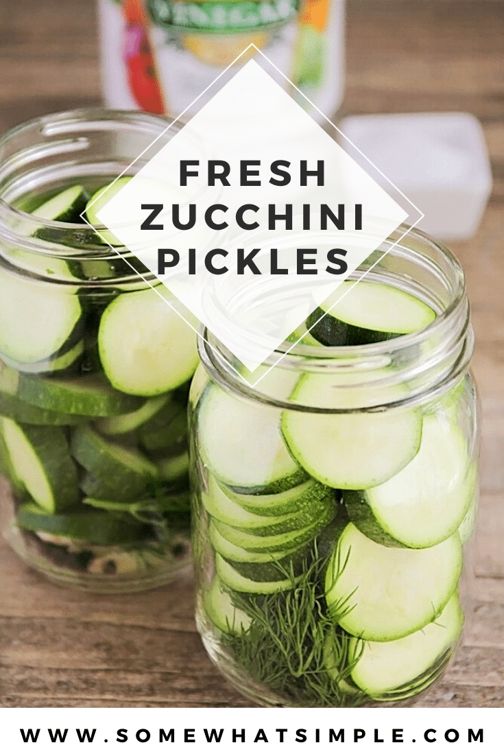 These garlic and dill zucchini pickles are so easy to make and so flavorful. They are a healthy and delicious way to use up all of your summer zucchini bounty! #zucchinipickles #garlicdillzucchinipickles #howtopicklezucchini #healthysnack #zucchinipicklesrecipe via @somewhatsimple