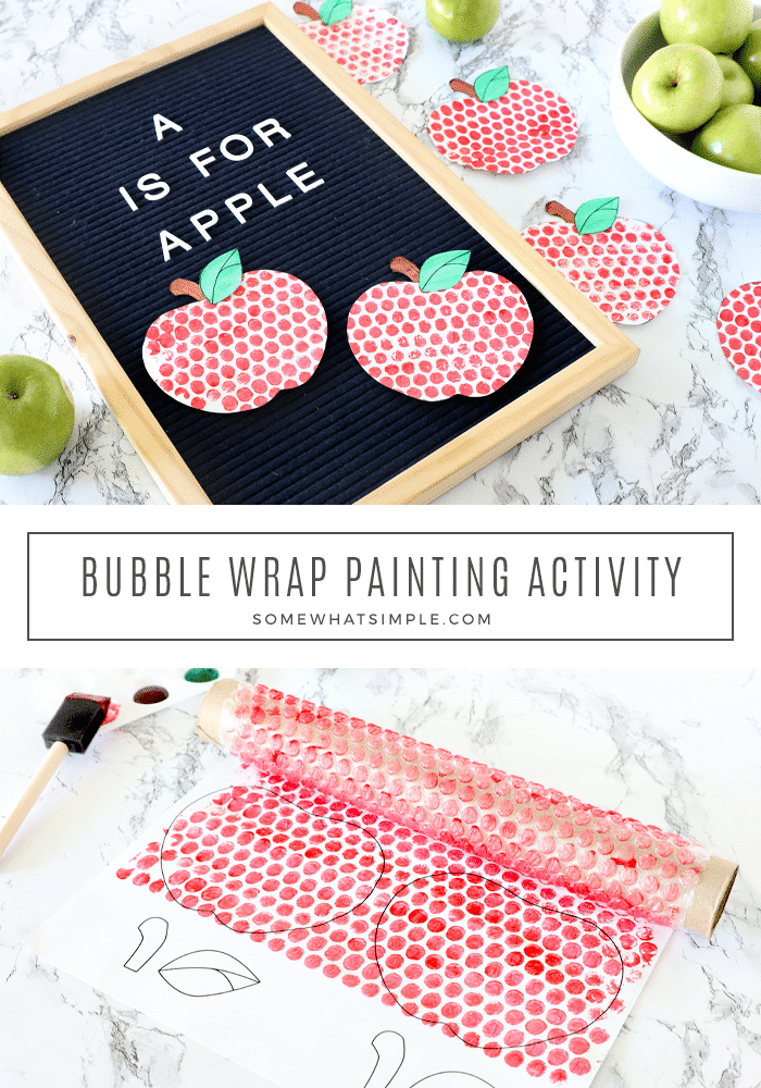 Make a darling apple craft, just in time for fall! Bubble wrap painting is a fun craft project the kids will LOVE! #apples #painting #bubblewrap #kidcraft #fall via @somewhatsimple