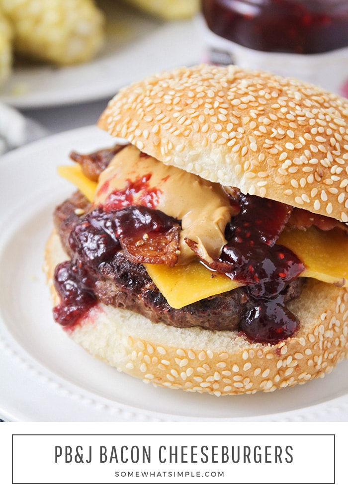 These peanut butter and jelly bacon cheeseburgers are over-the-top delicious and so easy to make! Take your outdoor grilling game up a notch wit this fun twist on a basic burger! I promise, once you've tried one of these hamburgers, you'll never go back to eating them the same way again. via @somewhatsimple