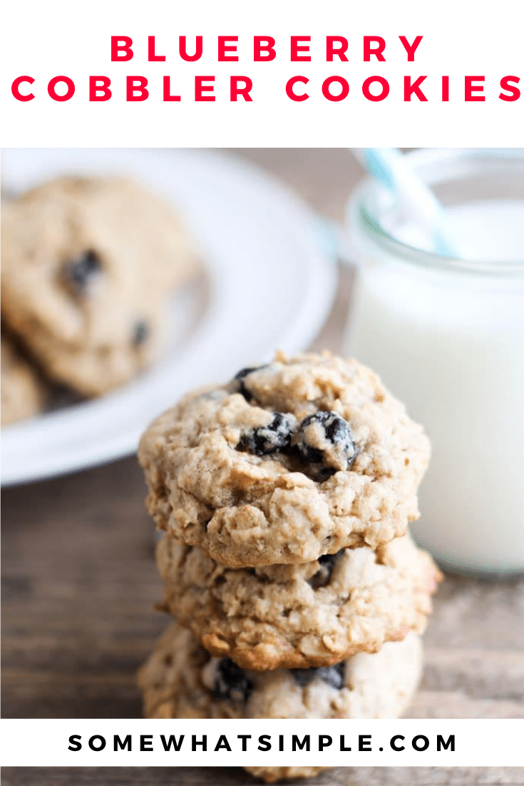 Enjoy your favorite dessert in cookie form with these tasty blueberry cobbler cookies. Made with oatmeal, blueberries and a few other simple ingredients, these cookies are easy and delicious. #blueberrycobblercookies #blueberrycookierecipe #oatmealblueberrycookies #easycookies via @somewhatsimple