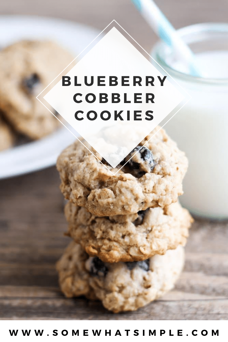 Enjoy your favorite dessert in cookie form with these tasty blueberry cobbler cookies. Made with oatmeal, blueberries and a few other simple ingredients, these cookies are easy and delicious. #blueberrycobblercookies #blueberrycookierecipe #oatmealblueberrycookies #easycookies via @somewhatsimple