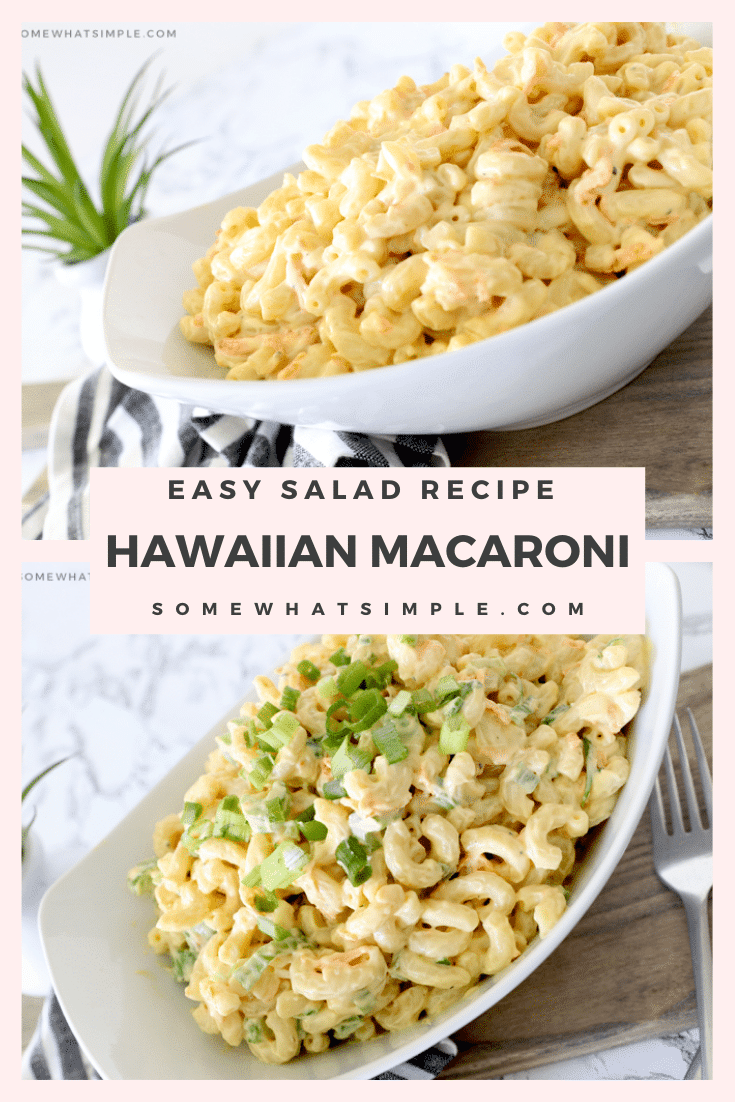 Hawaiian Macaroni Salad is creamy, cool, and simply delicious! It comes together in a snap and can feed a crowd at your next BBQ or Luau! Made with a few basic ingredients, this authentic recipe will transport you to the islands. #hawaiianmacaroni #hawaiianmacaronisalad #authentichawaiianmacaronisalad #hawaiianpastasaladrecipe #easysidedish via @somewhatsimple