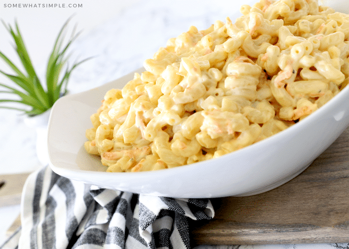 traditional hawaiian macaroni salad in a white serving bowl