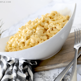 authentic hawaiian macaroni salad in a white serving bowl