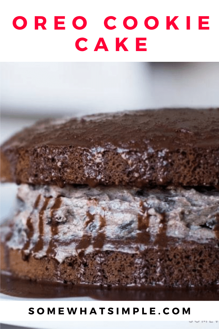 Oreo Cookie Cake is a fluffy 2-layer chocolate cake sandwiched with a cream cheese and Oreo frosting, then drizzled with melted chocolate. It's a delicious cake that looks fancy, but it couldn't be any easier to make! via @somewhatsimple