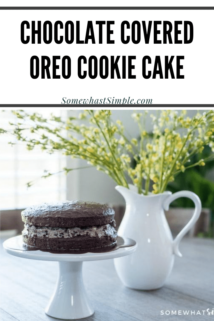 Oreo Cookie Cake is a fluffy 2-layer chocolate cake sandwiched with a cream cheese and Oreo frosting, then drizzled with melted chocolate. It's a delicious cake that looks fancy, but it couldn't be any easier to make! via @somewhatsimple