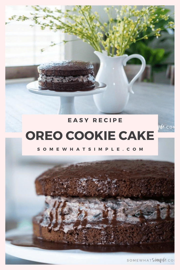 Oreo Cookie Cake is a fluffy 2-layer chocolate cake sandwiched with a cream cheese and Oreo frosting, then drizzled with melted chocolate. It's a delicious cake that looks fancy, but it couldn't be any easier to make! via @somewhatsimple