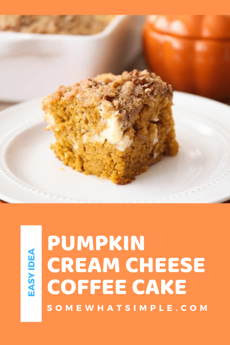 This pumpkin cream cheese coffee cake is so deliciously indulgent! Tender pumpkin cake with a sweet cheesecake layer, topped with a cinnamon pecan streusel. Made with cream cheese and pumpkin puree this coffee cake is going to knock your socks off! #pumpkincoffeecake #pumpkincreamcheesecoffeecake #falldesserts #easypumpkindessert #easypumpkincoffeecake via @somewhatsimple