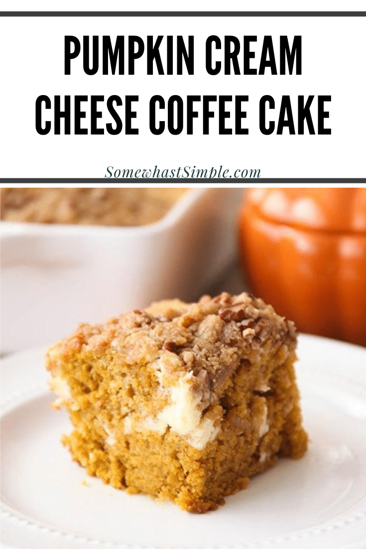 This pumpkin cream cheese coffee cake is so deliciously indulgent! Tender pumpkin cake with a sweet cheesecake layer, topped with a cinnamon pecan streusel. Made with cream cheese and pumpkin puree this coffee cake is going to knock your socks off! #pumpkincoffeecake #pumpkincreamcheesecoffeecake #falldesserts #easypumpkindessert #easypumpkincoffeecake via @somewhatsimple