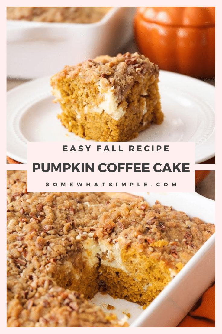 This pumpkin cream cheese coffee cake is so deliciously indulgent! Tender pumpkin cake with a sweet cheesecake layer, topped with a cinnamon pecan streusel. Made with cream cheese and pumpkin puree this coffee cake is going to knock your socks off! #pumpkincoffeecake #pumpkincreamcheesecoffeecake #falldesserts #easypumpkindessert #easypumpkincoffeecake via @somewhatsimple
