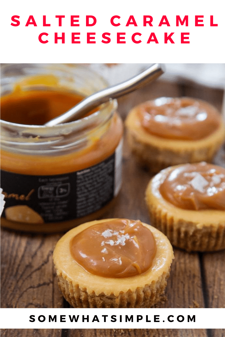 These Salted Caramel Cheesecake Cups might look sinful, but they are actually a lighter way to enjoy dessert! Even though they're made with lighter ingredients you'll never know by tasting them! #minicheesecakes #saltedcaramelcheesecakebites #saltedcaramelcheesecakecupsrecipe #easydessert #saltedcarameldessertidea via @somewhatsimple