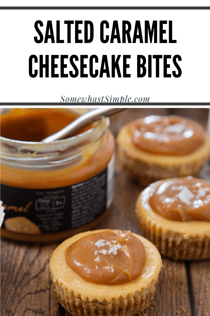 These Salted Caramel Cheesecake Cups might look sinful, but they are actually a lighter way to enjoy dessert! Even though they're made with lighter ingredients you'll never know by tasting them! #minicheesecakes #saltedcaramelcheesecakebites #saltedcaramelcheesecakecupsrecipe #easydessert #saltedcarameldessertidea via @somewhatsimple