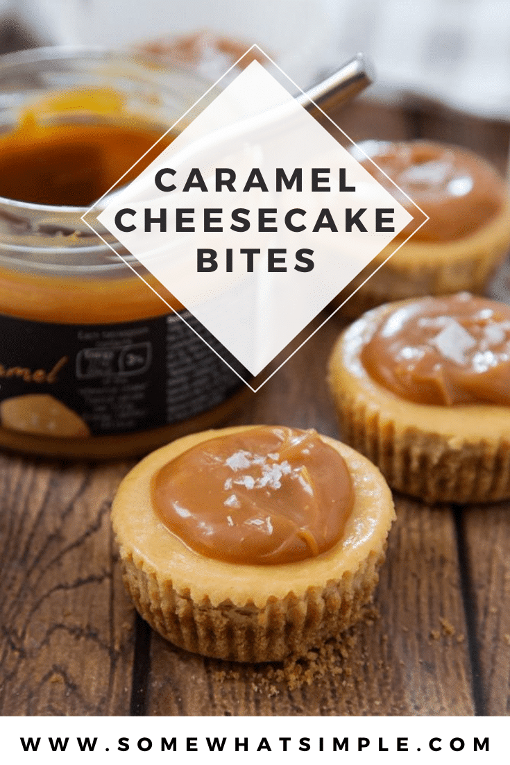 These Salted Caramel Cheesecake Cups might look sinful, but they are actually a lighter way to enjoy dessert! Even though they're made with lighter ingredients you'll never know by tasting them! #minicheesecakes #saltedcaramelcheesecakebites #saltedcaramelcheesecakecupsrecipe #easydessert #saltedcarameldessertidea via @somewhatsimple