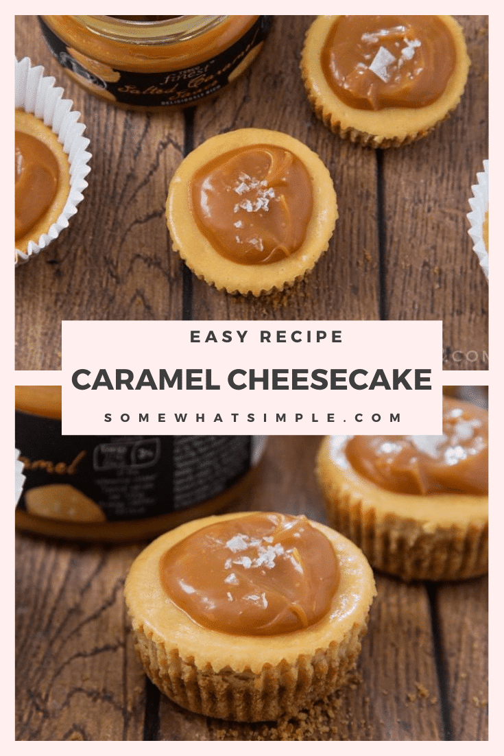 These Salted Caramel Cheesecake Cups might look sinful, but they are actually a lighter way to enjoy dessert! Even though they're made with lighter ingredients you'll never know by tasting them! #minicheesecakes #saltedcaramelcheesecakebites #saltedcaramelcheesecakecupsrecipe #easydessert #saltedcarameldessertidea via @somewhatsimple