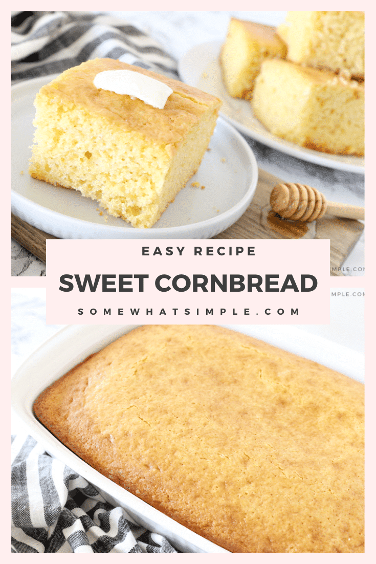 The best sweet cornbread recipe that is fluffy and delicious! This easy recipe will show you a short cut on how to make delicious cornbread using Jiffy cornbread and a box of cake mix. #cornbreadrecipe #cornbreadcakemixrecipe #sweetcornbread #jiffycornbreadrecipe #jiffycakemixcornbread via @somewhatsimple