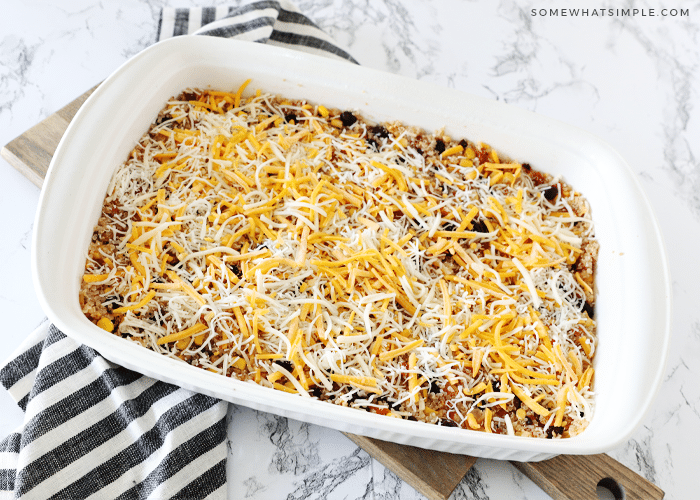 baking pan filled with quinoa taco casserole