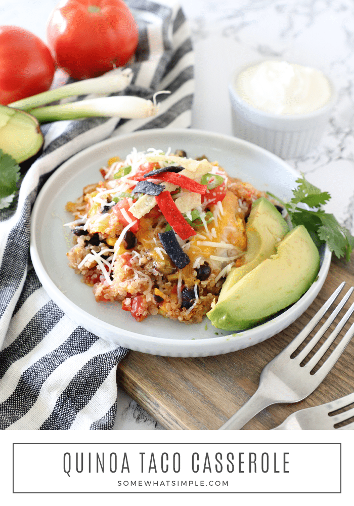 Quinoa taco casserole is a favorite 30-minute meal that is so tasty EVERYONE devours it... including my kids! Loaded with healthy quinoa and all of the delicious flavors of your favorite Mexican dish, this casserole will soon be one of your favorites too! #quinoacasserole #quinoatacocasserole #quinoacasserolefreezermeal #healthyquinoadinnerrecipe #quinoatacocasserolerecipe via @somewhatsimple