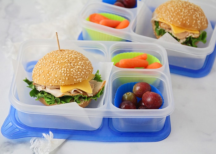 divided container with a sandwich, fruit and veggies