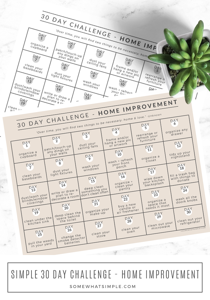 Get your home looking as good as new with our 30 Day Home Improvement Challenge! 1 simple task a day for 30 days... are you in?? #challenge #30day #calendar #home #improvement #DIY via @somewhatsimple