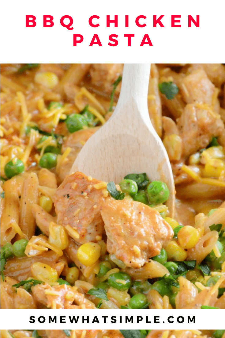 BBQ chicken pasta is a perfect dinner recipe for busy nights. This recipe is as easy as just throwing everything into the pan and cooking it. Made using one pan, it's easy to make and even easier to clean up. #bbqchickenpasta #onepotdinnerrecipe #easybbqchickenpastarecipe #chickenpasta via @somewhatsimple