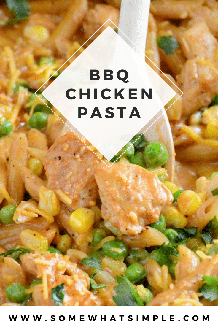 BBQ chicken pasta is a perfect dinner recipe for busy nights. This recipe is as easy as just throwing everything into the pan and cooking it. Made using one pan, it's easy to make and even easier to clean up. #bbqchickenpasta #onepotdinnerrecipe #easybbqchickenpastarecipe #chickenpasta via @somewhatsimple