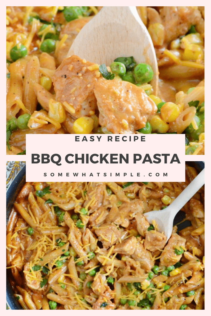 BBQ chicken pasta is a perfect dinner recipe for busy nights. This recipe is as easy as just throwing everything into the pan and cooking it. Made using one pan, it's easy to make and even easier to clean up. #bbqchickenpasta #onepotdinnerrecipe #easybbqchickenpastarecipe #chickenpasta via @somewhatsimple