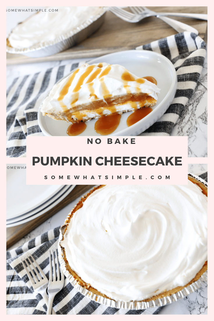 No Bake Pumpkin Cheesecake is the perfect fall dessert! A layer of creamy cheesecake topped with sweet pumpkin pie filling and whipped topping, all tied up in a graham cracker crust! It's easy to make and so delicious! via @somewhatsimple