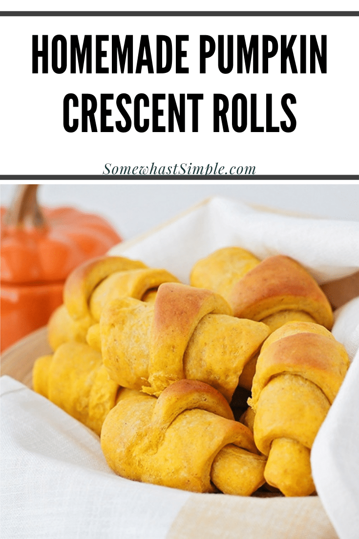 Pumpkin dinner rolls are the perfect compliment to any fall dinner recipe. These crescent rolls are easy to make and turn out soft and fluffy every time! With just the right amount of pumpkin spice, you won't be able to stop eating them! #pumpkindinnerrolls #pumpkincrescentrolls #homemadepumpkindinnerrolls #easybreadrecipe via @somewhatsimple