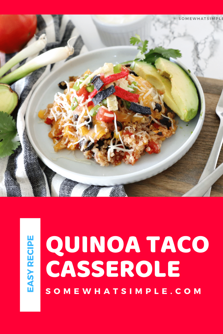 Quinoa taco casserole is a favorite 30-minute meal that is so tasty EVERYONE devours it... including my kids! Loaded with healthy quinoa and all of the delicious flavors of your favorite Mexican dish, this casserole will soon be one of your favorites too! #quinoacasserole #quinoatacocasserole #quinoacasserolefreezermeal #healthyquinoadinnerrecipe #quinoatacocasserolerecipe via @somewhatsimple