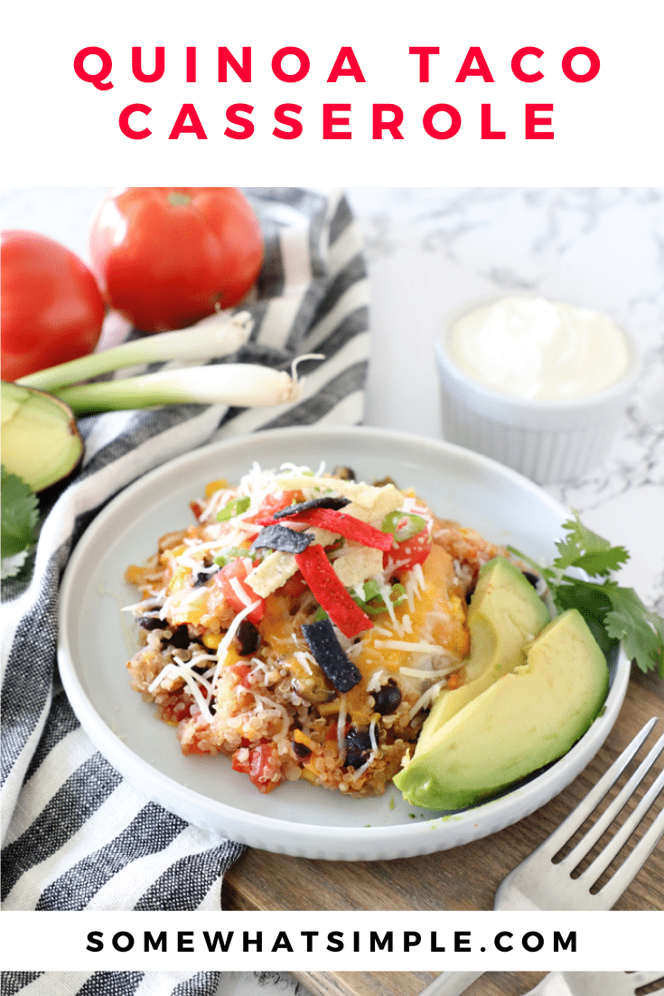 Quinoa taco casserole is a favorite 30-minute meal that is so tasty EVERYONE devours it... including my kids! Loaded with healthy quinoa and all of the delicious flavors of your favorite Mexican dish, this casserole will soon be one of your favorites too! #quinoacasserole #quinoatacocasserole #quinoacasserolefreezermeal #healthyquinoadinnerrecipe #quinoatacocasserolerecipe via @somewhatsimple