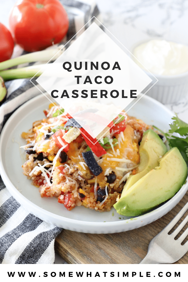 Quinoa taco casserole is a favorite 30-minute meal that is so tasty EVERYONE devours it... including my kids! Loaded with healthy quinoa and all of the delicious flavors of your favorite Mexican dish, this casserole will soon be one of your favorites too! #quinoacasserole #quinoatacocasserole #quinoacasserolefreezermeal #healthyquinoadinnerrecipe #quinoatacocasserolerecipe via @somewhatsimple