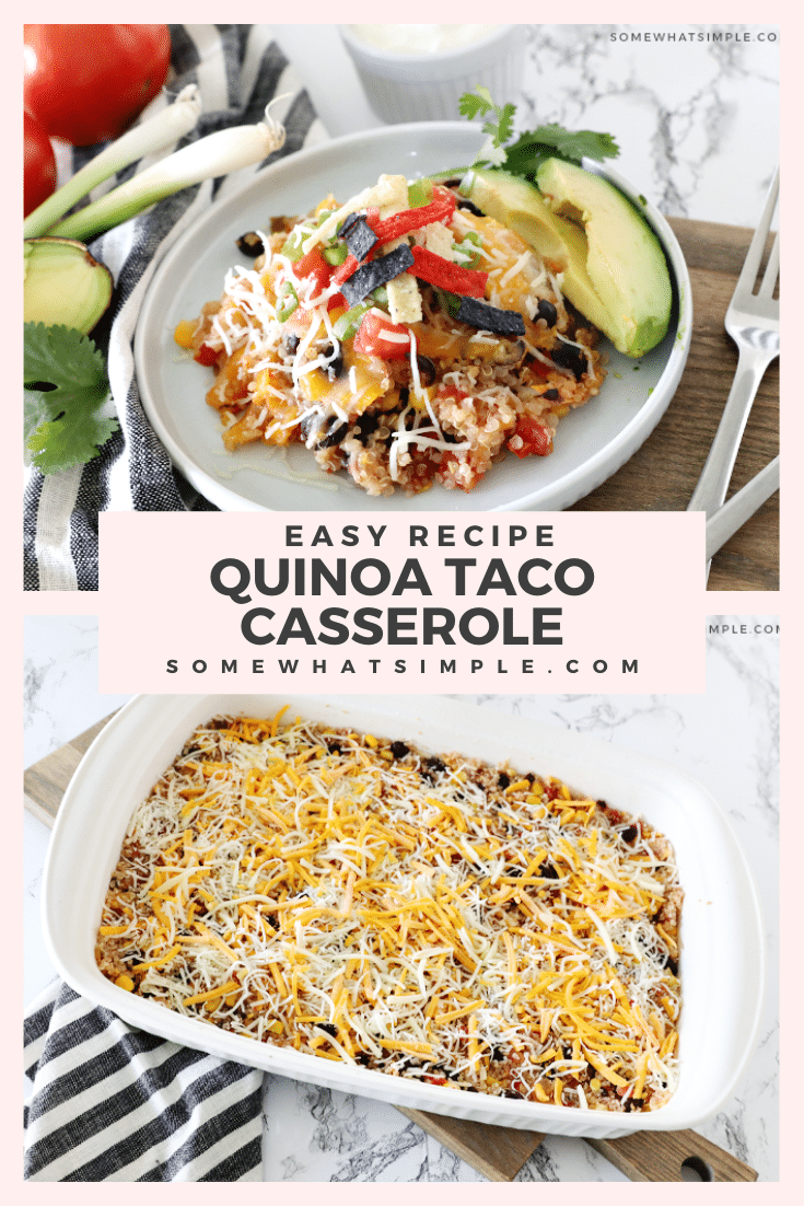 Quinoa taco casserole is a favorite 30-minute meal that is so tasty EVERYONE devours it... including my kids! Loaded with healthy quinoa and all of the delicious flavors of your favorite Mexican dish, this casserole will soon be one of your favorites too! #quinoacasserole #quinoatacocasserole #quinoacasserolefreezermeal #healthyquinoadinnerrecipe #quinoatacocasserolerecipe via @somewhatsimple