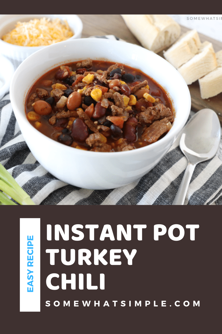 This Instant Pot turkey chili is the best homemade chili you'll ever eat. The recipe uses only a few basic ingredients and is ready in about 30 minutes. Just brown the meat and then throw all of the ingredients into the pressure cook and let it works it's magic. Plus, you can easily substitute the turkey for beef if you prefer! via @somewhatsimple